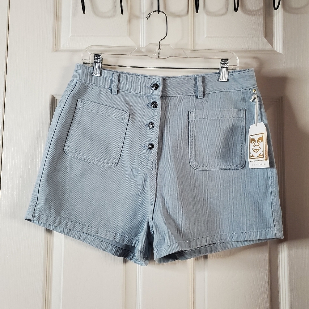 OBEY Riviera High-waisted Blue Denim Shorts Size 30 Organic Cotton 32" Waist